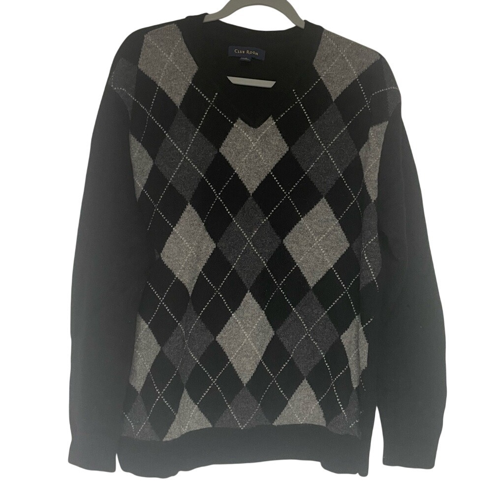 Club Room Lambswool Classic Argyle Black Silver V Neck Sweater Mens Large